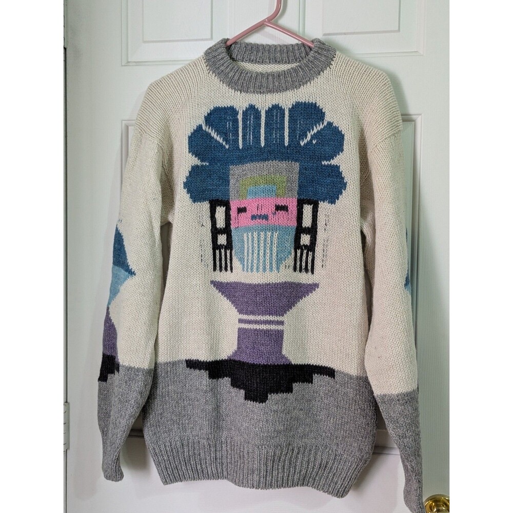 VTG Hand Knit Wool L/S Sweater Womens XL Beige Gray Southwestern Aztec Kachina